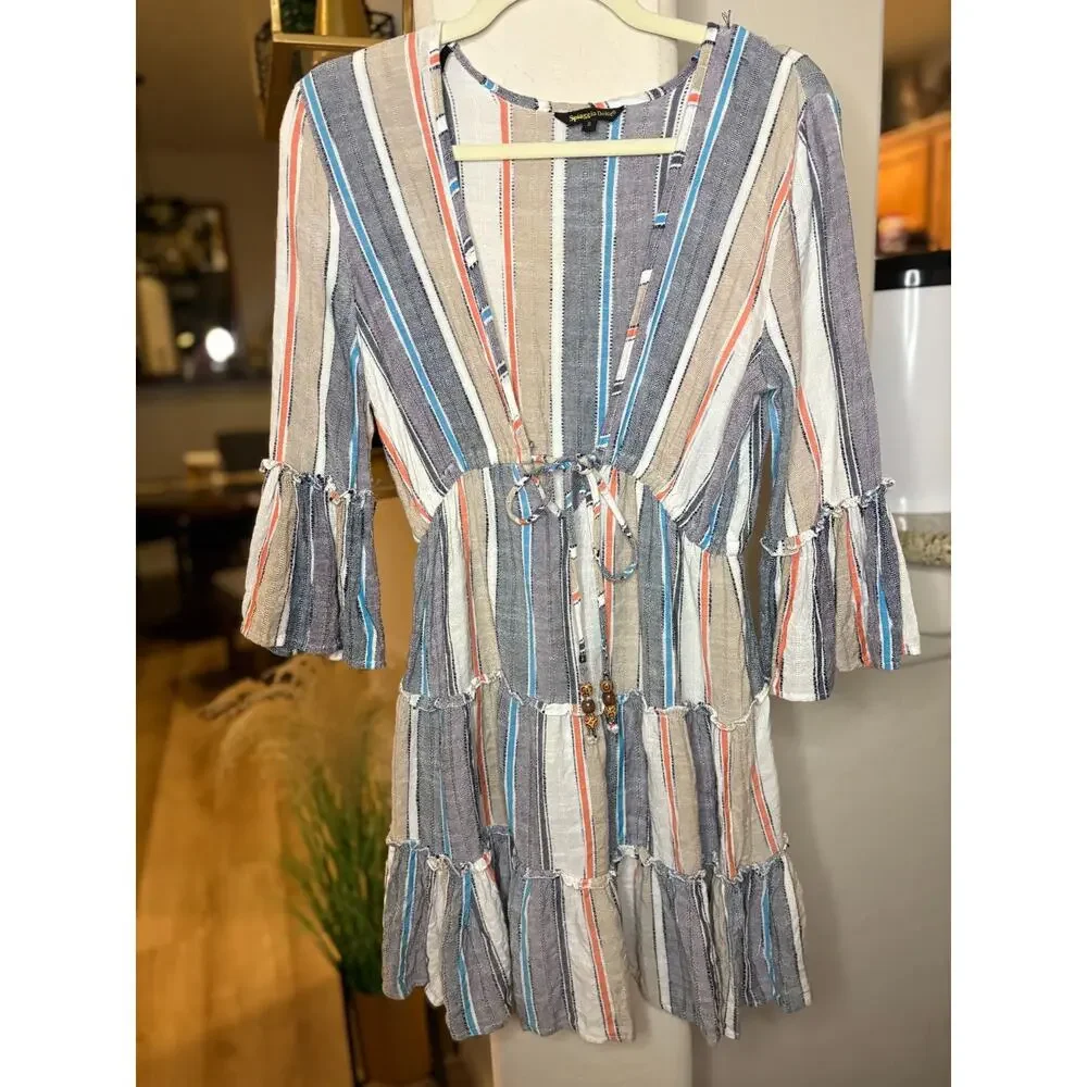 Spiaggia Dolce Deep V-Neck Striped Tassels Beach Tunic Dress Cover-up small 4-8